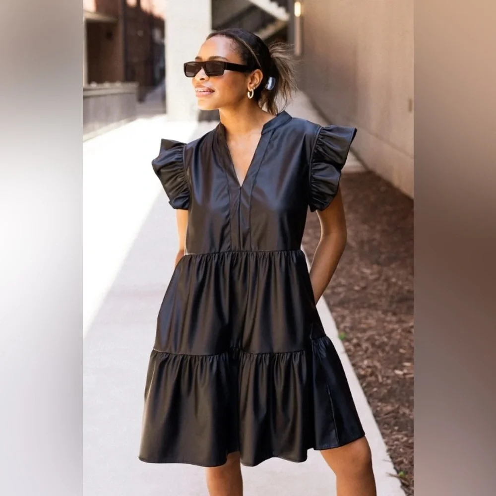 Entro Black Faux Leather Ruffle Dress